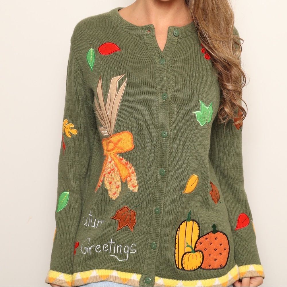 🍁Vintage Quacker Factory Green Autumn Cardigan with Leaf and Pumpkin Embroidery - Picture 2 of 5